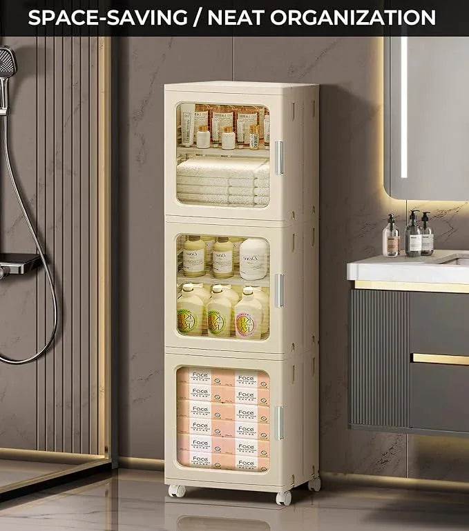 3-Tier Slim Narrow Bathroom Storage Cabinet with Movable Wheels and Adjustable Shelves Plastic Cabinets with Doors Freestanding Organizers for Kitchen Laundry Room Bedroom Pantry,Beige - ModernBath