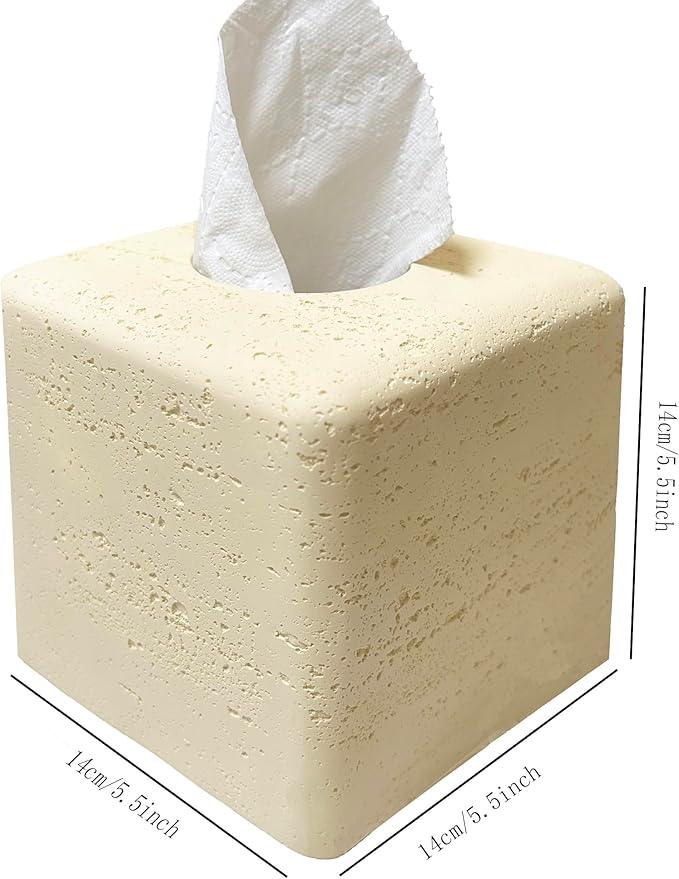 Huitony Marble Tissue Box Cover Square Decorative Stone Klenex Box Holder for Bathroom & Living Room with Handcrafted Texture (Beige Yellow) - ModernBath