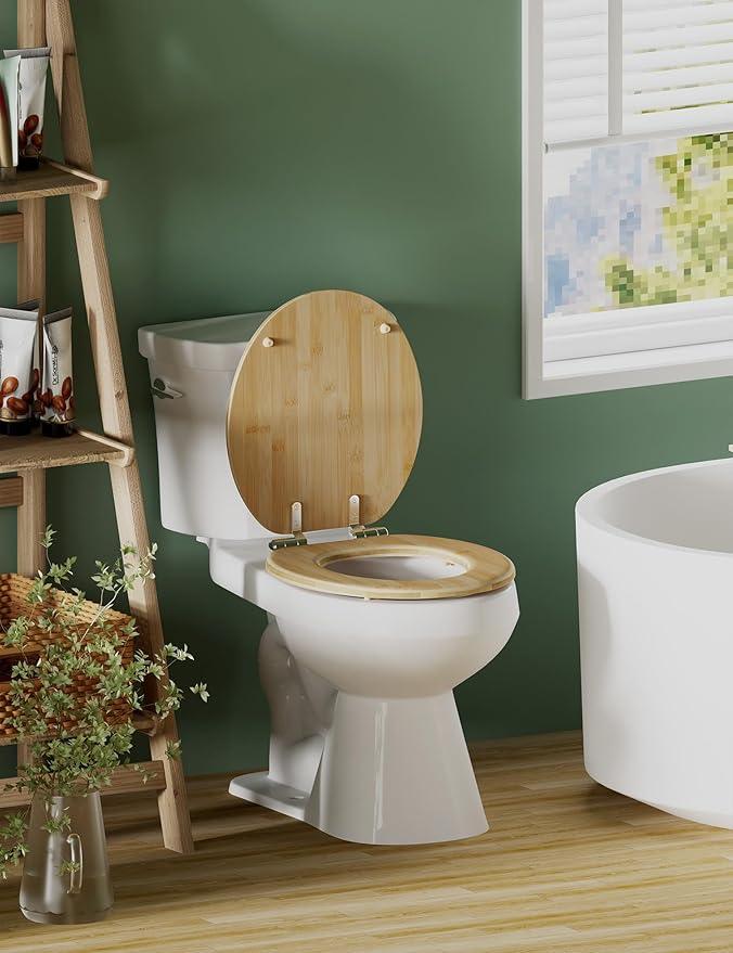 Angol Shiold ROUND Bamboo Wood Toilet Seat Soft Close Zinc Alloy Strong Hinges, Light, Easy to Install & Clean, Up to 400 lbs (Elongated 16.5", Natural Bamboo) - ModernBath