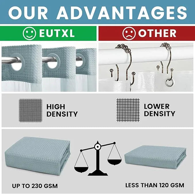EUTXL Fog Blue Stall No Hook Shower Curtain with Snap in Liner,230GSM Waffle Weave Shower Curtains for Bathroom,54W x 80H - ModernBath