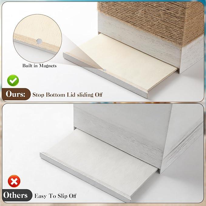 2 Pack Beach Rustic White Wood Square Tissue Box Cover with Slide-Out Bottom Panel - Beach Bathroom Decor Tissue Box Holder with Starfish for Living Room, Desk, Bedroom, Bathroom - ModernBath