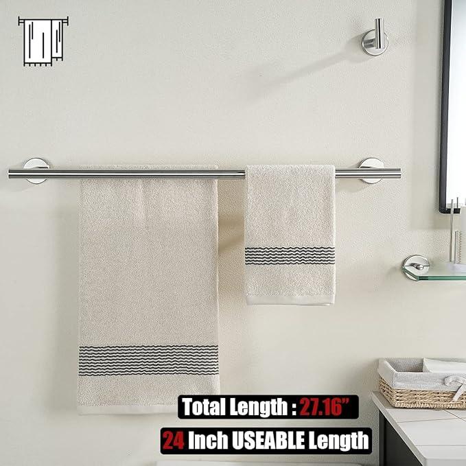 JQK Double Towel Bar 27 Inch, Brushed Steel Useable Length 24 Inch 304 Stainless Steel Thicken 0.8mm Bath Towel Rack for Bathroom, Towel Holder Wall Mount, TB100L24-BN - ModernBath