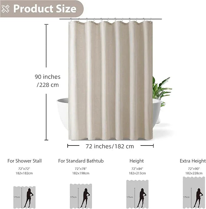 Jowels Oatmeal Linen Shower Curtain, Boho Farmhouse Shower Curtain Set for Bathroom, 200GSM Luxury Weighted Water Resistant Fabric Textured Shower Curtains with 12 Metal Hooks, 72Wx90H - ModernBath