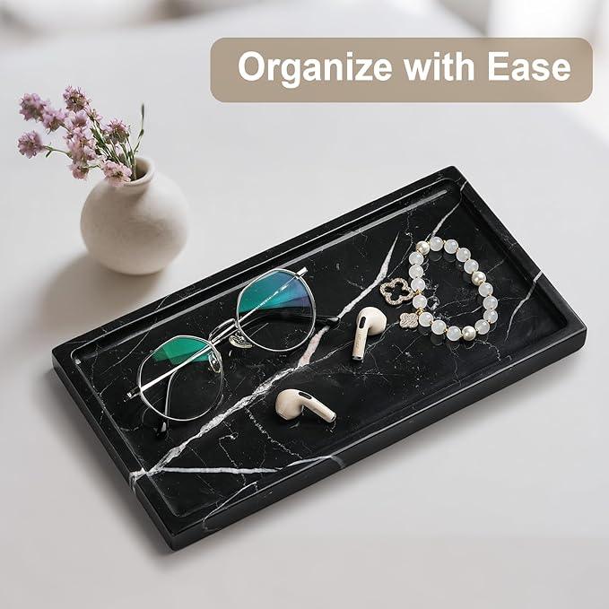 Natural Marble Vanity Tray - Moujings Genuine Marble Perfume Tray for Bathroom Decor, Stone Bathroom Vanity Organizer Tray for Kitchen Counter, Candles, Jewelry, Coffee, Makeup, Key - ModernBath