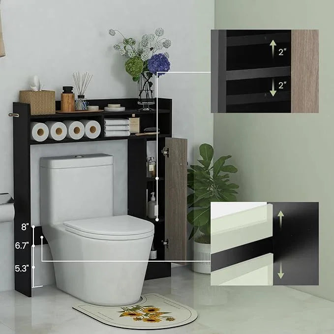 Giantex Over The Toilet Storage Cabinet, Freestanding Bathroom Organizer w/Single Door Cabinet & Open Shelves, Space-Saving Toilet Rack w/Adjustable Shelves for Laundry Room (Black+Oak) - ModernBath