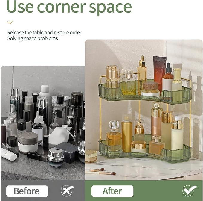 INVSSENE Corner Bathroom Countertop Organizer, Vanity Trays for Counter, Makeup Organizers, Perfume Tray, Kitchen Spice Rack, (Green, 2 Tiers) - ModernBath