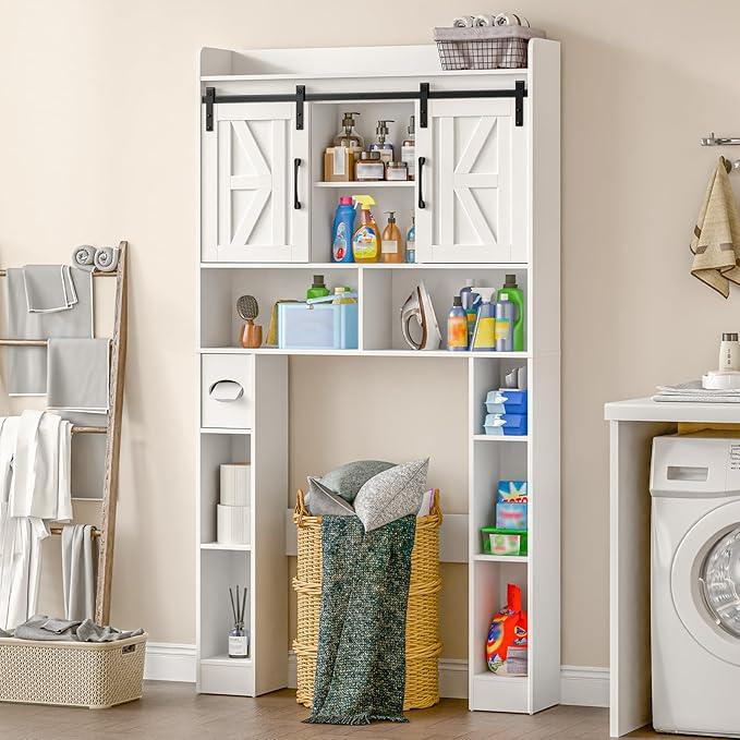 Farmhouse Storage Cabinet Over Toilet with Sliding Doors，Over The Toilet Storage Cabinet, Home Space-Saving Toilet Rack, for Bathroom, Restroom, Laundry. - ModernBath