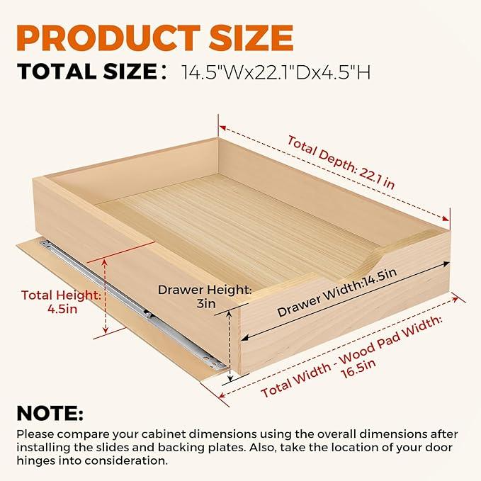 Pull Out Drawers for Cabinet 14.5" W x 22" D x 4.5" H Wood Slide Out Organizer and Storage Kitchen Cabinet Drawers Slide Out Shelves Pull Out Shelves in Kitchen Pantry Bathroom with Soft Close - ModernBath