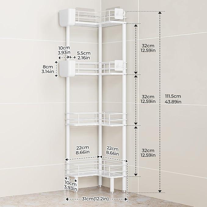 Orimade Rustproof 4 Tier Floor Standing Corner Shower Caddy Organizer with Toothbrush Holder, Large Spacing Floor Shower Shelf Rack Storage Stands with Hooks for Bathroom Kitchen, White - ModernBath