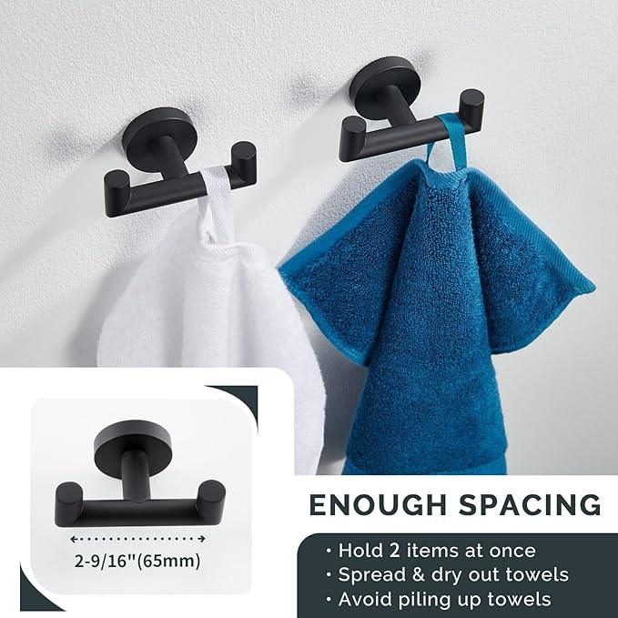 Angle Simple Double Towel Hook Matte Black 2 PCS, Stainless Steel Bathroom Robe Hook, Hand Towel Holder for Wall - ModernBath