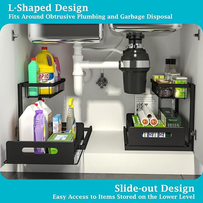 REALINN Under Sink Organizer, Pull Out Cabinet Storage 2 Tier Slide Out Sink Shelf, Kitchen Organizers and Storage, Black, 1 Pack - ModernBath
