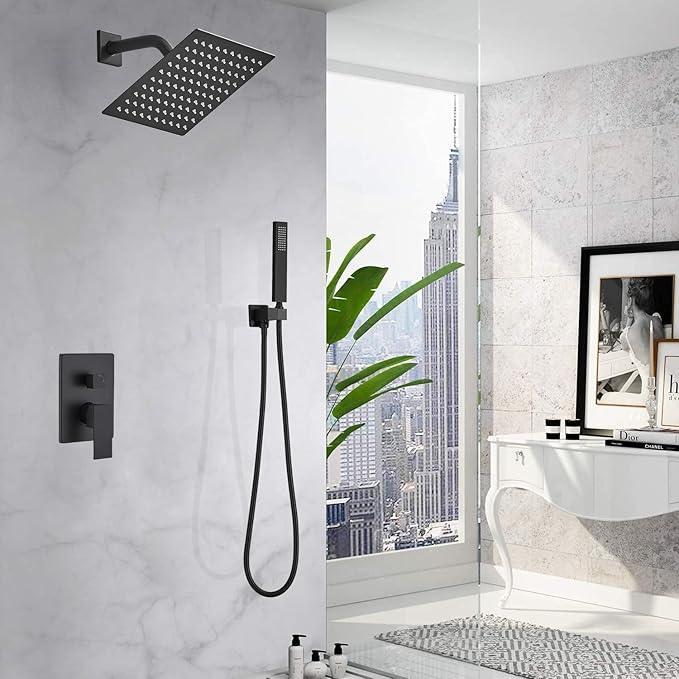 JingGang Matte Black Shower System Bathroom Rainfall Shower Faucet Set Complete Wall Mounted 8 Inch Shower Head and Handle Set with Rough-in Valve Body and Trim Kit - ModernBath