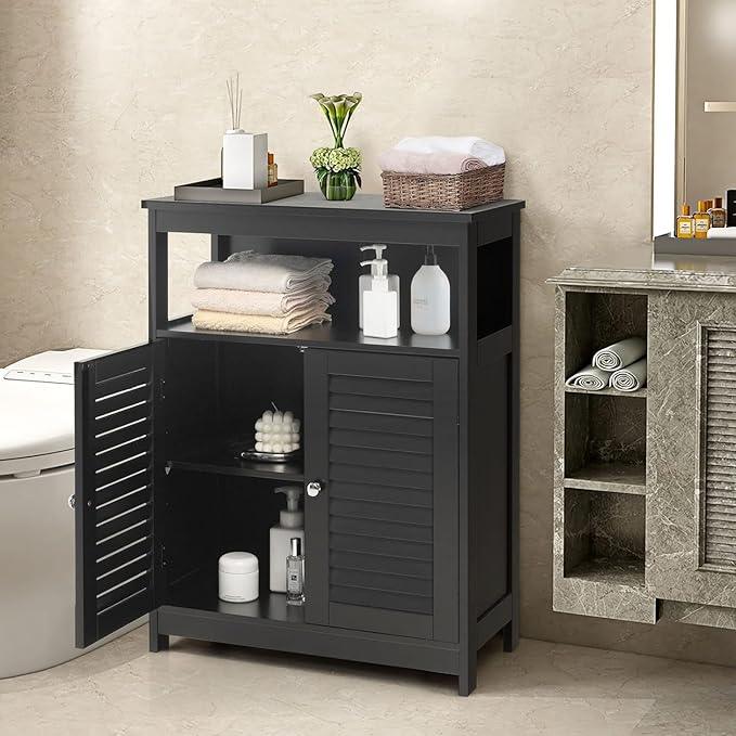 LDAILY Bathroom Storage Cabinet, Freestanding Organizer With Double Shutter Doors, Adjustable Shelf, Wooden Floor Cabinet for Kitchen, Entryway (Black) - ModernBath