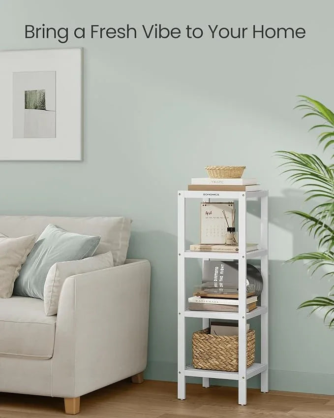 SONGMICS Bamboo Storage Shelf, 4-Tier Shelving Unit, Multifunctional, in The Entryway, Bathroom, Living Room, Balcony, Kitchen, 13 x 13 x 38.6 Inches, Cloud White UBCB054W01 - ModernBath