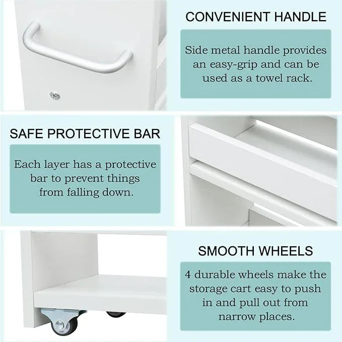 MARTY Rolling Storage Cart 7.9" W, 4-Tier Kitchen Cart with Wheels Handle, Slim Storage Cart Mobile Shelving Utility Carts for Bathroom Laundry Room Organization Narrow Places (White) - ModernBath