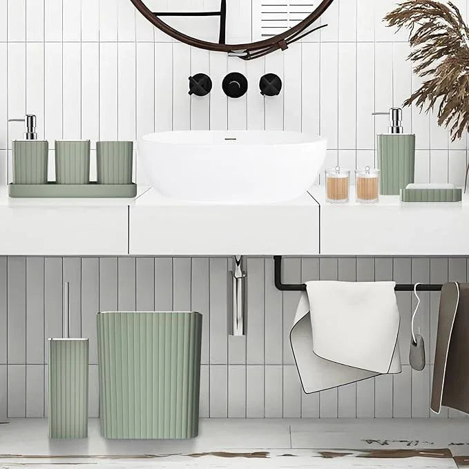 XLHOMO Bathroom Accessories Set - Gorgeous Sage Green Bathroom Set, 10PC Bathroom Accessory Set, Toilet Brush, Trash Can, Qtip Holder Dispenser & Soap Dispenser - ModernBath