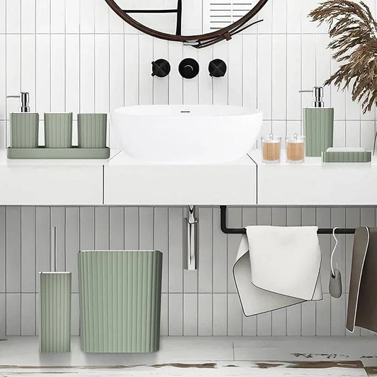 XLHOMO Bathroom Accessories Set - Gorgeous Sage Green Bathroom Set, 10PC Bathroom Accessory Set, Toilet Brush, Trash Can, Qtip Holder Dispenser & Soap Dispenser - ModernBath