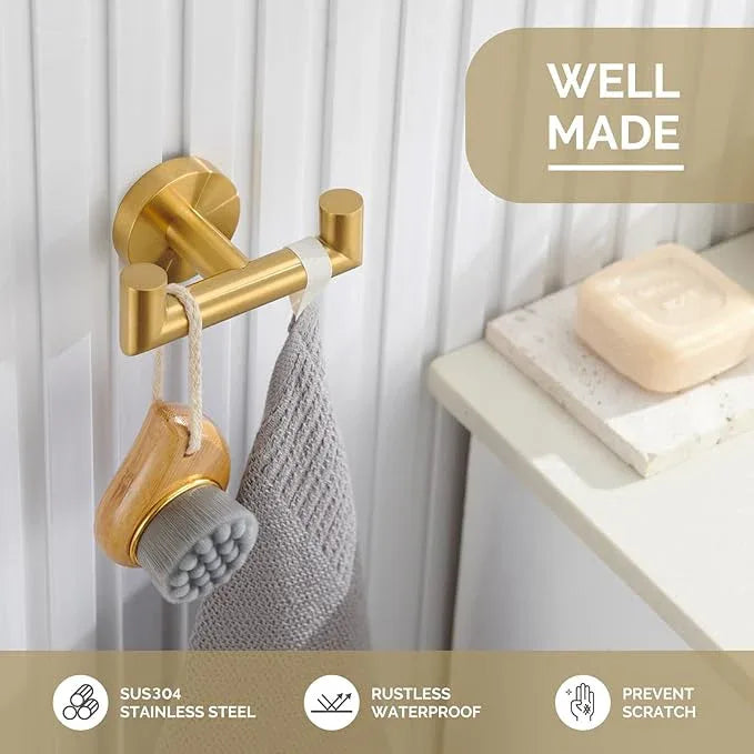 Angle Simple Bathroom Double Hook Brassy Gold, SUS304 Stainless Steel Bath Towel Holder, Double Robe Hanger Wall Mount - ModernBath