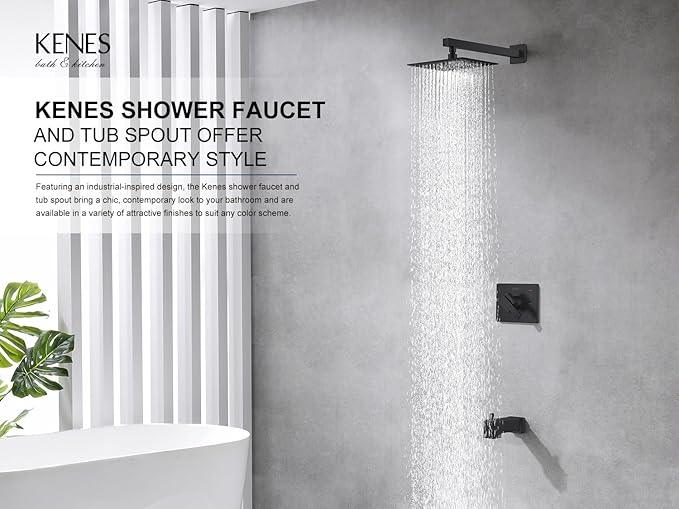 KENES Matte Black Tub Shower Faucet Set Complete with 10-Inch Rainfall Shower Head and Tub Spout, Square Tub and Shower Trim Kit, KE-6024A-2 (Shower Valve Included) - ModernBath