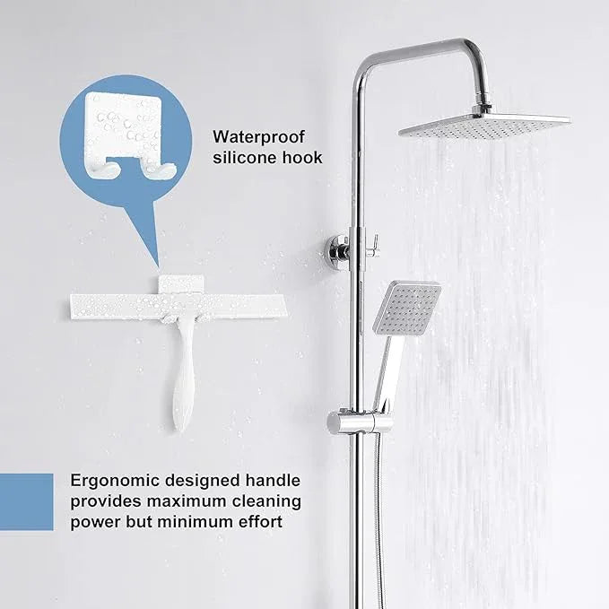 Shower Squeegee for Glass Doors, 11-Inch Silicone Squeegee with Non-Slip Handle and Adhesive Hook for Bathroom, Mirror, Tile, Car Window (White) - ModernBath
