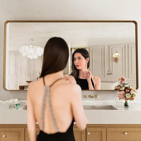 LOAAO 84X32 Inch Bathroom Mirror with Wood Grain Colored Metal Frame, Rounded Rectangle Metal Framed Bathroom Mirror, Anti-Rust, Hangs Horizontally or Vertically, Tempered Glass - ModernBath