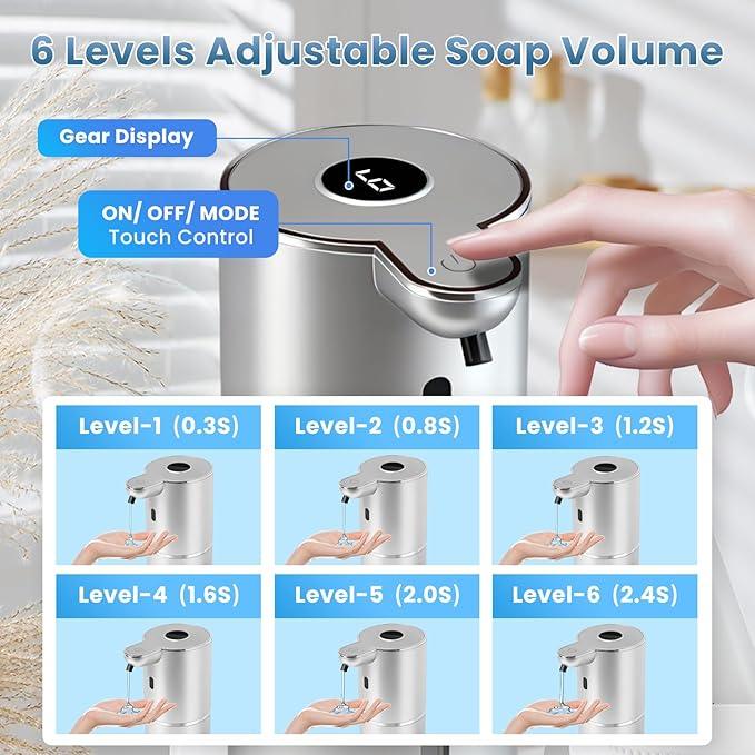 Automatic Soap Dispenser, Touchless Liquid Soap Dispensers, USB Rechargeable, 6-Level Adjustable Volume Control, 12.8oz/380ml, Wall Mount for Kitchen, Bathroom, Free Liquid Dispenser Stickers (Silver) - ModernBath