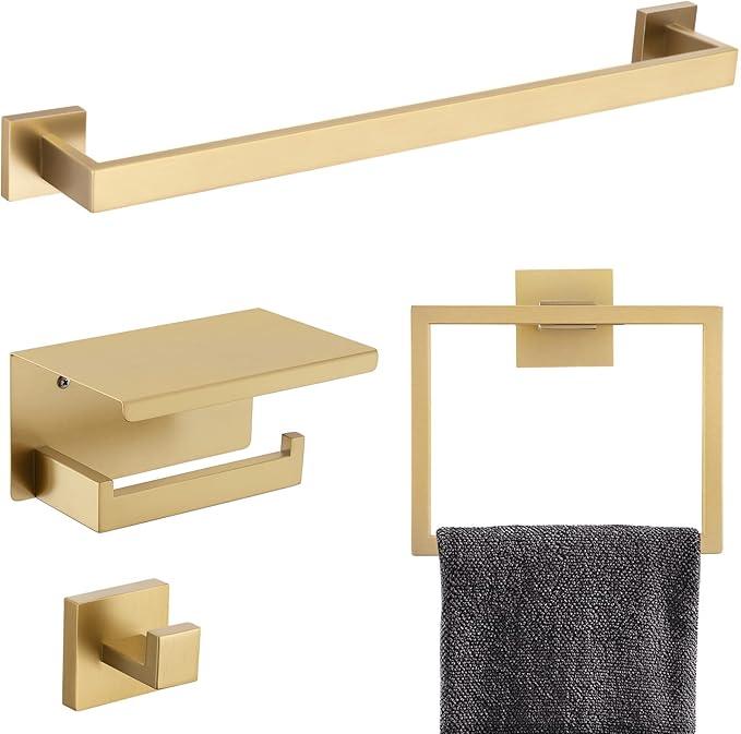 Brushed Gold Bathroom Towel Bar Holder Sets Premium Stainless Steel 4-Piece Bathroom Hardware Set Wall Mounted Bathroom Toilet Paper Holder with Shelf Set. - ModernBath