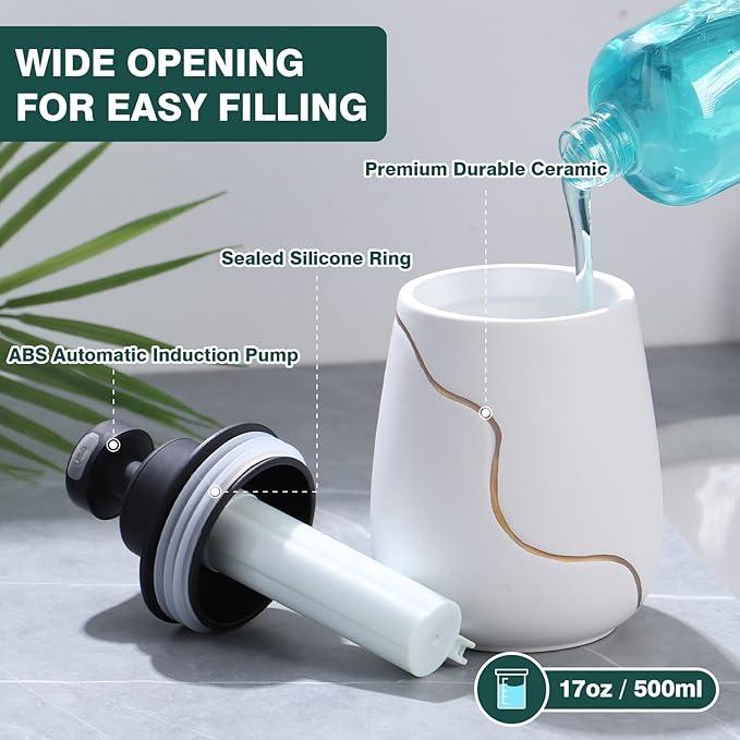 BosilunLife Automatic Soap Dispenser Bathroom - Liquid Hand Free Dispenser Smart Electric Lotion Soap Dispenser Touchless with Waterproof Pump Rechargeable Dish Soap Dispenser Ceramic White, 17oz - ModernBath