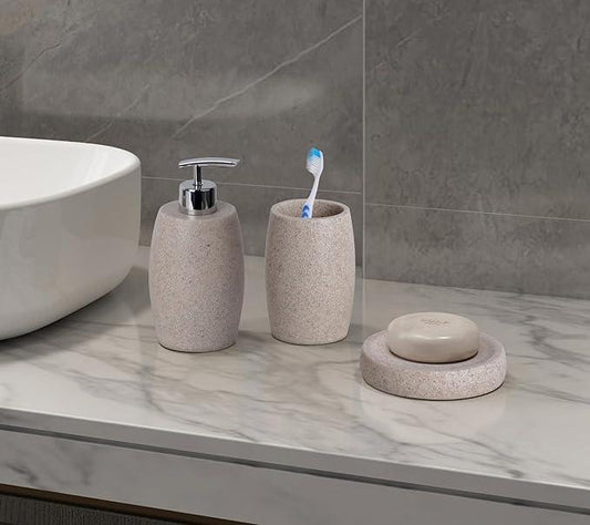 Clasin Home Beige Bathroom Accessories Set 3 PC, Resin Sandstone Look Soap Dispenser, Toothbrush Cup, Soap Dish, Bathroom Soap Dispenser Set for Home Decor and Kitchen - ModernBath