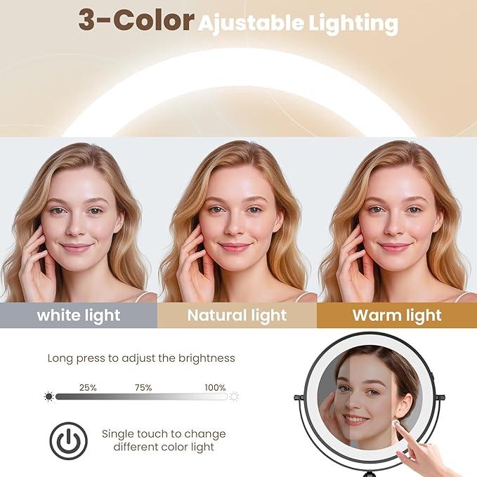 Rocollos Rechargeable Wall Mounted Lighted Makeup Mirror, 8 Inch Double-Sided LED Vanity Mirror 1X/10X Magnification,3 Color Lights Touch Screen Dimmable (Black-30X) - ModernBath