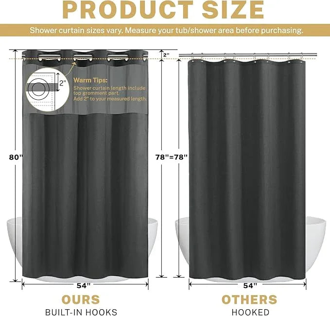 WONICY Small No Hook Shower Curtain with Snap in Liner, Polyester Textured Shower Curtain with Liner Set, Waterproof Washable Hotel Style Shower Curtains for Bathroom, 54Wx80H, Charcoal Grey - ModernBath