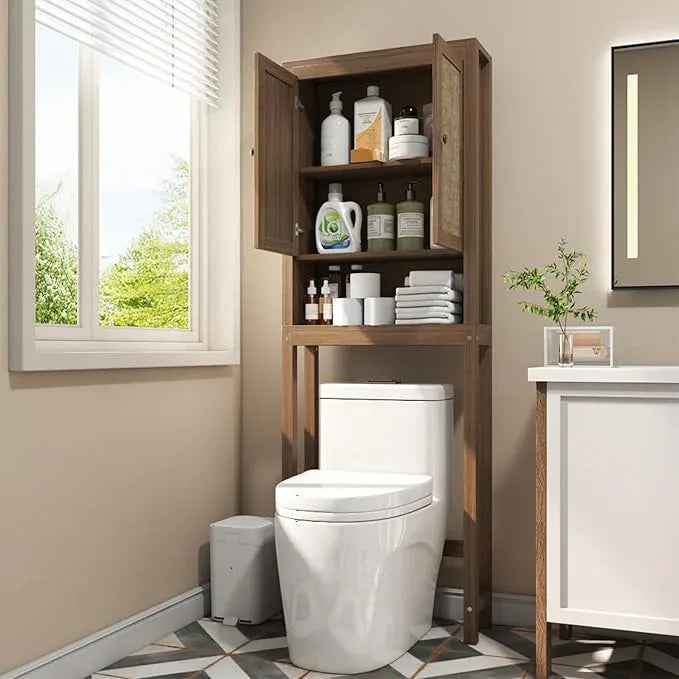 knoworld Rattan Over The Toilet Storage Cabinet, Above Toilet Bathroom Organizer with Adjustable Shelf, Behind Toilet Cabinet, Space Saver for Restroom, Bathroom, Laundry, Caramel Oak - ModernBath