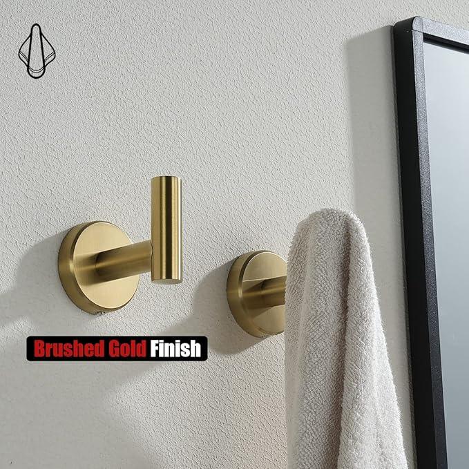 JQK Bathroom Towel Hook Brushed Gold, Brass Coat Robe Clothes Hook for Bathroom Kitchen Garage Wall Mounted (Pack of 2), SUS 304 Stainless Steel 0.8mm, TH100-BG-P2 - ModernBath