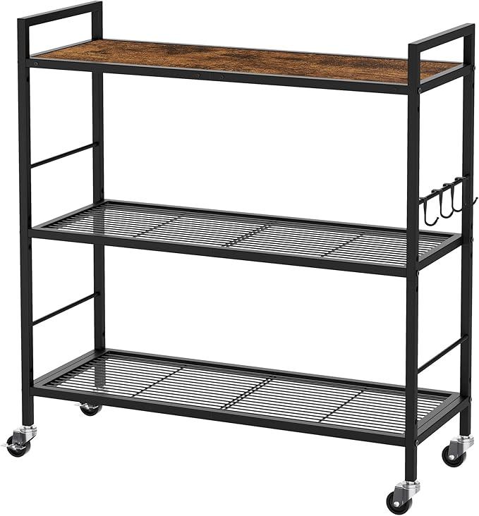 3-Tier Metal Storage Rack with Industrial Wheels,Mesh Shelving Unit with Wooden Table top,Adjustable Shelf,31.5-Inch Width, for Kitchen, Laundry,Pantry,Plant,Black - ModernBath