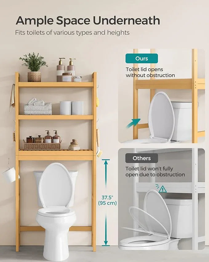 SONGMICS Over The Toilet Storage, 3-Tier Over Toilet Bathroom Organizer with Adjustable Shelf, 10.2 x 24.8 x 66.9 Inches, Space-Saving, Natural Beige UBTS001N01 - ModernBath