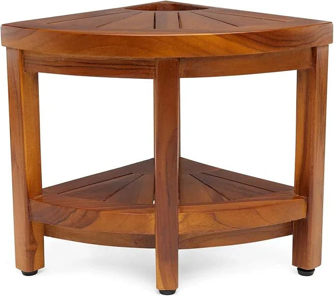 TeakCraft Corner Teak Shaving & Foot Rest with Shelf, 12" Fully Assembled, The Tilos - ModernBath