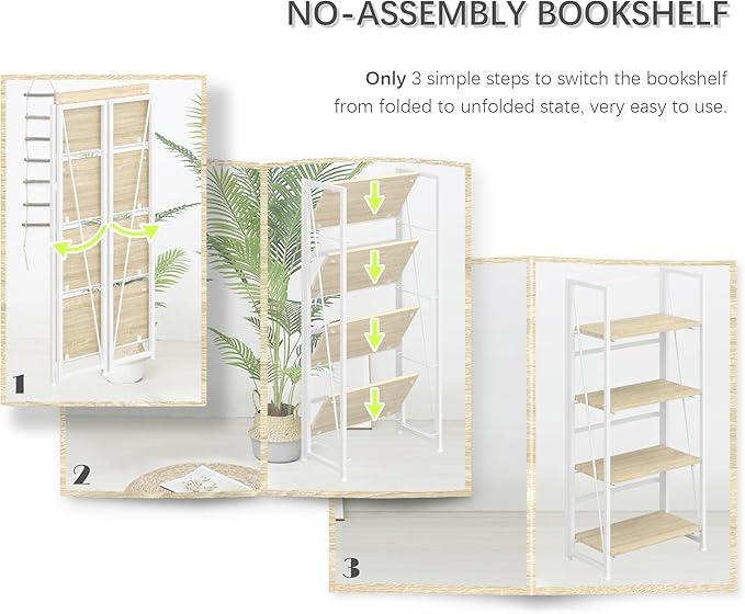 4NM No Assembly Folding Bookshelf Storage Shelves 4 Tiers Vintage Bookcase Standing Racks Study Organizer Home Office (Natural White) - ModernBath