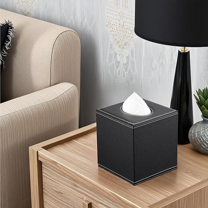 KINGFOM Square Pu Leather Tissue Box Cover, Modern Facial Tissue Holder, Roll Tissues Paper Case Dispenser for Bathroom Vanity Countertop, Night Stands, Office Desk & Car(Black) - ModernBath