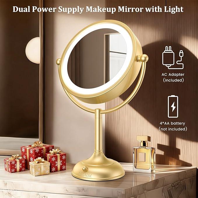 VESAUR 8.5'' Large Gold Lighted Makeup Mirror, 1X/10X Clear Seamless Magnifying Mirror, Bright Vanity Mirror with 3 Colors Dimmable Lights, Two-Sided 360°Rotation Stable Base, Luxury Nickel, Gift Box - ModernBath