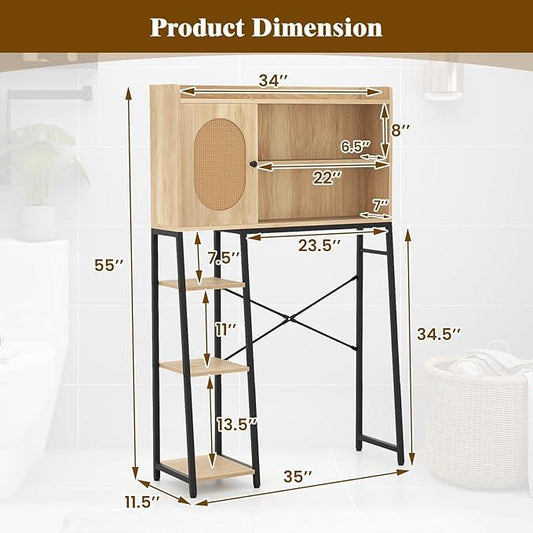 Giantex Over The Toilet Storage Cabinet with Rattan Door, Freestanding Space Saver Rack Above Toilet with Metal Stand, Adjustable Shelf, Over Toilet Bathroom Organizer for Restroom, Laundry - ModernBath