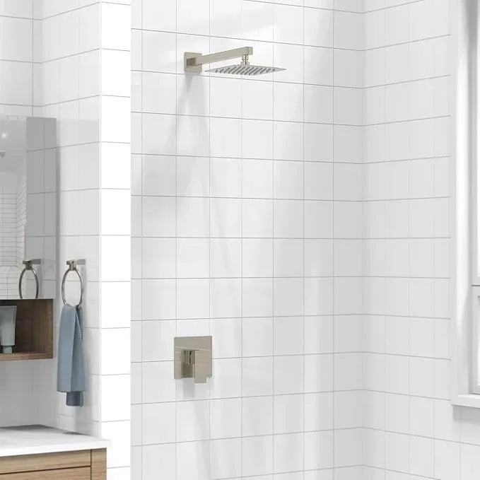 SunCleanse Shower Faucet Set with Valve, 8 Inch Square Shower Head and Handle Set, Single Handle Shower Trim Kit with Extra Long Shower Arm, Brushed Nickel - ModernBath