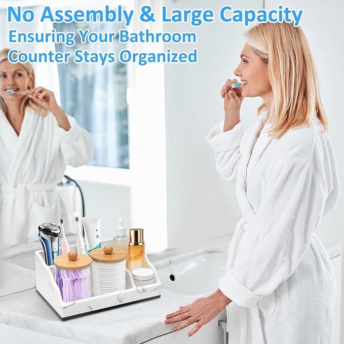 Bathroom Counter Organizer, White Marble Toothbrush Holders for Bathrooms with 2PCS Qtip Holder, Bathroom Organizer Countertop Toothbrush and Toothpaste Holder for Makeup Organizer for Vanity - ModernBath