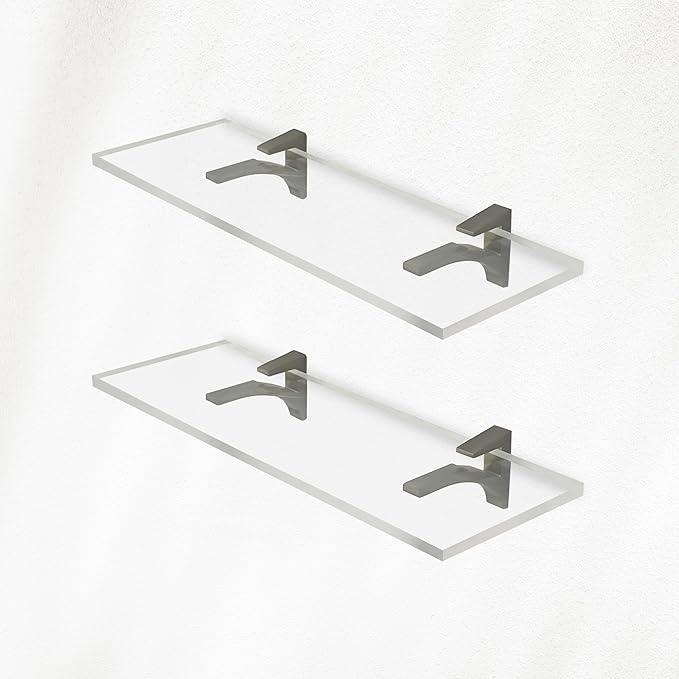 Clear Acrylic Shelves 14.5 inches, 3/4" Thick Transparent Wall Mounted Floating Shelves for Bedroom, Living Room, Bathroom, Kitchen -‎ with Screws and Brushed Nickel Finish Brackets, Pack of 2 - ModernBath