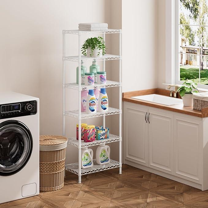 SINGAYE 6 Tier Shelf Adjustable Storage Wire Shelving Unit Metal Shelves Standing Closet Bathroom Organizers Pantry Kitchen Garage Laundry Room Organization Home Rack 12" D X 22" W X 69.5" H White - ModernBath