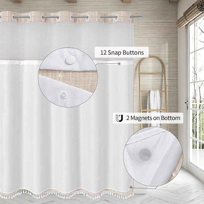 MitoVilla No Hooks Needed Farmhouse Shower Curtain with Snap-in Liner - with Window & Magnets, Boho Cotton Linen Fabric Shower Curtains with Tassels for Rustic Bathroom Decor, Beige/Cream, 72 x 74 - ModernBath