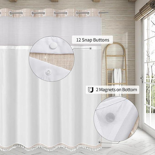 MitoVilla No Hooks Needed Farmhouse Shower Curtain with Snap-in Liner - with Window & Magnets, Boho Cotton Linen Fabric Shower Curtains with Tassels for Rustic Bathroom Decor, Beige/Cream, 72 x 74 - ModernBath