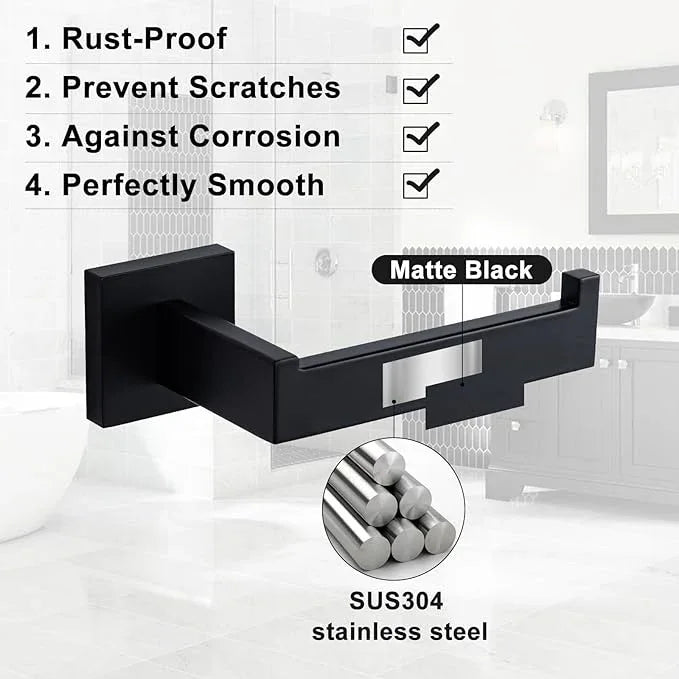 Bathroom Hardware Accessories Set Matte Black,5-Piece Black Towel Bar Set 16" Wall Mounted Towel Holder Stainless Steel-Includes Towel Bar,Robe Towel Hooks,Toilet Paper - ModernBath