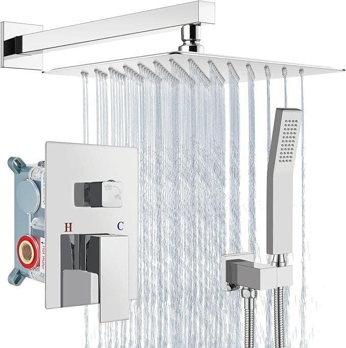 Aolemi Shower Faucet Set Rain Shower System with Handheld Spray Bathroom Shower Combo Rough-in Valve and Shower Trim Kit Included Polish Chrome 12 Inch Wall Mount Shower Head - ModernBath