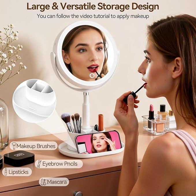 Shinowa Makeup Mirror with Lights, 1X/20X Lighted Magnifying Mirror with Storage for Makeup & Jewelry, 2-Sided Height Adjustable Vanity Mirror with 3 Color Lights, 360° Rotation & Rechargeable, White - ModernBath