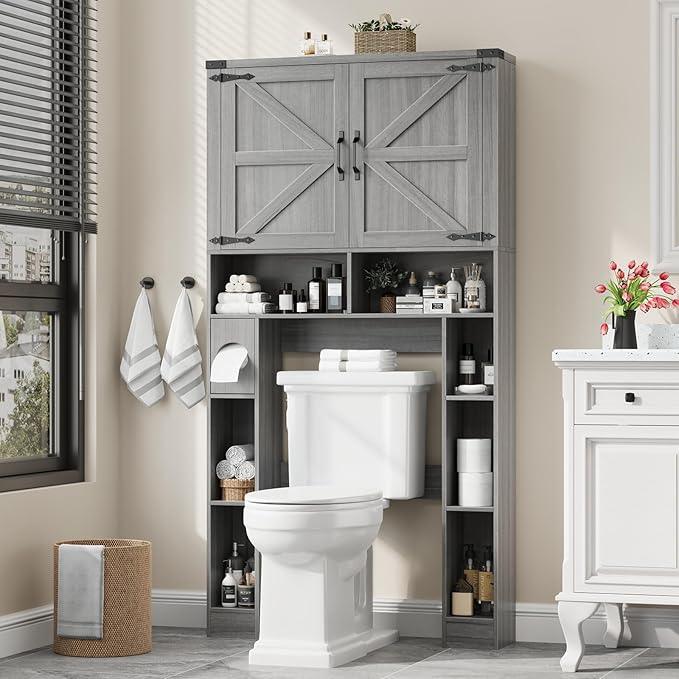 Vabches Over The Toilet Storage Cabinet, Farmhouse Storage Cabinet Over Toilet with 2 Barn Doors ，Toilet Paper Holder Stand，Home Space-Saving Toilet Rack, for Laundry, Restroom, Bathroom.Grey. - ModernBath